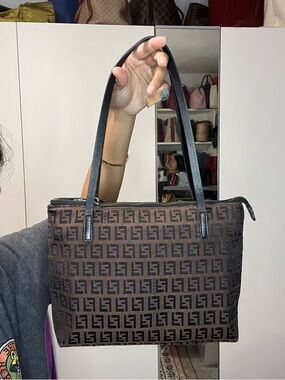 Fendi Brown FF Logo Canvas Shoulder Bag with Black Straps